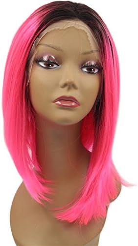 Diforbeauty Short Straight Black to Hot Pink Ombre Hand Tied Lace Front Bob Wig Synthetic Hair
