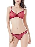 Ruzishun Women's Push up bra gauze transparent Underwear Set (Red, 34B)