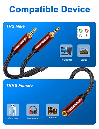 SOUNDFAM 3.5mm Headphone Splitter Cable for Desktop Laptop Standalone Mic and Audio Jack 3.5mm TRRS Female to 2 TRS Male(Microphone & Stereo Audio) Headset Adapter - 30cm/ 11.8 Inch.