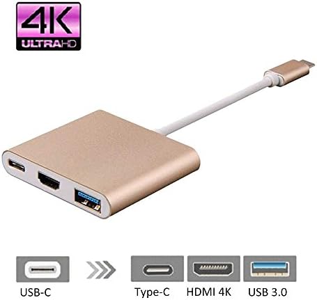 Type C to HDMI Adapter, Superwang USB 3.1 Type-C to HDMI Cable Adapter, USB C Charging Port+HDMI 4K+USB 3.0, for 12" New Macbook/Chromebook Pixel/Dell XPS 13/Lumia 950XL &amp; More Type-C Devices (Gold)