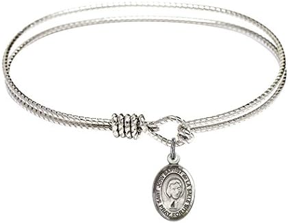 Rhodium Plate Oval Eye Hook Textured Bangle Bracelet with Saint Petite Charm, 7 1/4 Inch