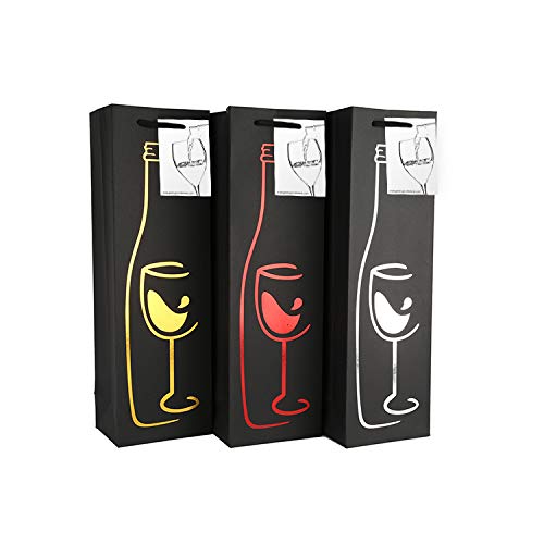 EVG 6 Pack Black Wine Gift Bags with Gift Tag and Handles | Silhouette Glass Vine Design | Wine Bottle Carrier | H: 39 cm x W: 12 cm x D: 9 cm