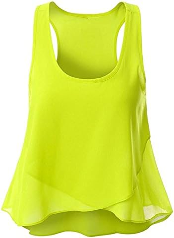 lliamst Women Round Neck Sleeveless Vest Irregular Hem Chiffon Shirt YellowMedium