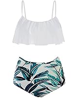 Womens High Waisted Bikini Set Flounce Top Two Piece Green Leaves Swimsuit