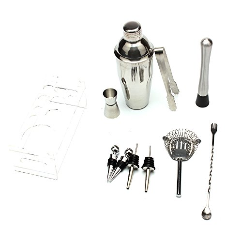 Fenleo Cocktail Shaker Set Bartender Kit with Acrylic Base by 18.8 oz Stainless Steel Shaker, Strainer,Muddler, Mixing Spoon,Ice Tongs, Jigger, 2 Liquor pourers,2 Wine stopper