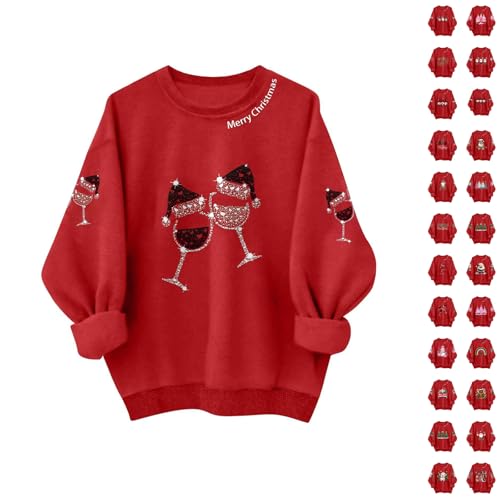 Christmas Ladies Jumpers Christmas Jumpers for Women UK Cute Letter Printed Sweatshirt Think Thermal Top Soft Long Sleeve Crew Neck Pullovers Pretty Red Oversized Tunic Ladies Tops Wine S