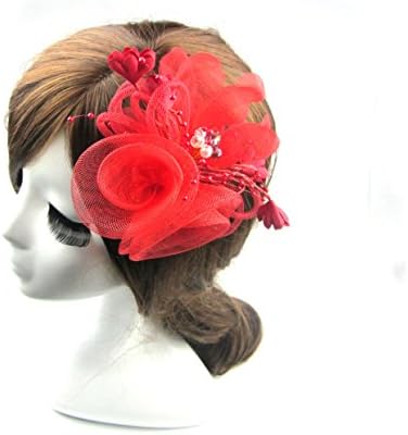 Fen Fun Net Chiffon Crystal beads Fascinator Headwear Flower Corsage Hair Clip Pin Brooch For Women Wedding Party (Red)