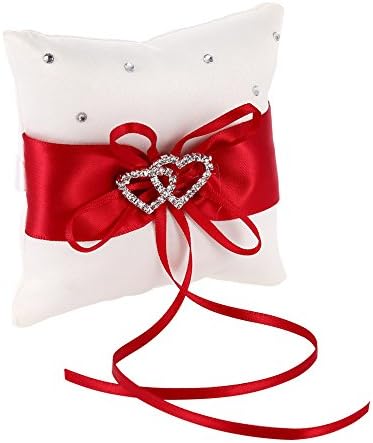 Adeeing Double Hearts Decoration Romantic Ribbon Bowknot Rhinestone Wedding Ring Bearer Pillow 4x4Inches