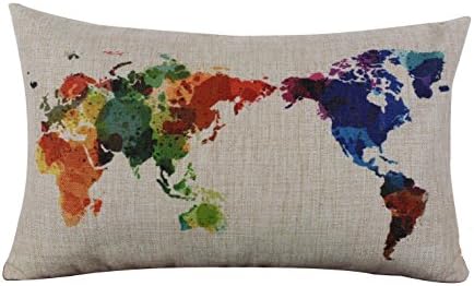 Decorative Linen Cloth Pillow Cover Cushion Case World Map, 20" x 12"