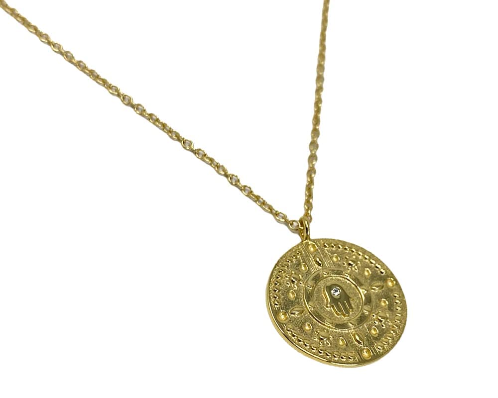 Strictly Gifts 18ct Gold Plated with Cubic Zirconia Hamsa Hand Disc Pendant 53cm Necklace