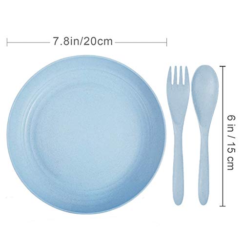 Saike 7.8\'\' 4Pack Wheat Straw Plates Reusable, Microwave and Dishwasher Safe Unbreakable Dinner Plates, Lightweight Snack Plates with Forks and Spoons