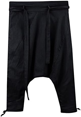 ByTheR Men's Unique Oriental Classic Ankle String Linen Baggy Strap Black Pants