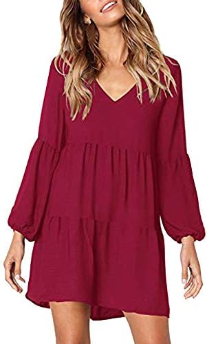 Moserian Dress Women Solid Lantern Sleeve V-Neck Draped Knee-Length Dress