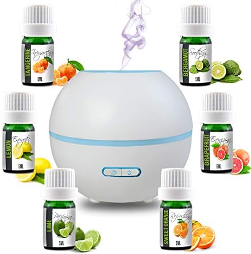 Simply Diffusers Long Running Aromatherapy Diffuser with Oils Bundle Gift Set Includes 6 x 100% Pure Essential Oils, LED Lights, Timer, 165ML Water Tank, Auto Shut Off, BPA Free in Color White