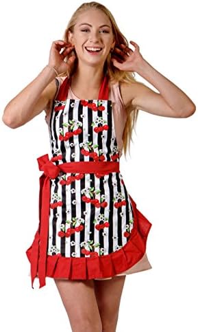Red Cherry Blossoms Sexy Cooking Apron for Women with Stylish Flirty and Vintage Look. Great for Gift (Red Trim)