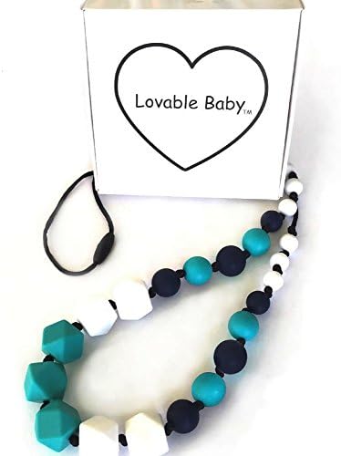 Lovable Baby Baby Teething Necklace for Mom to wear, Silicone Teething Beads, Non-toxic BPA free food grade beads for baby to chew on, relieves pain, gift boxed, by (Blue, turquoise, white)