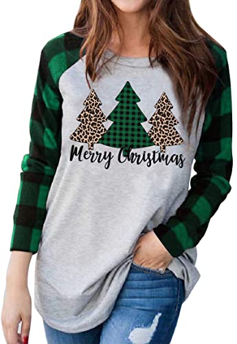 Plus Size Christmas T Shirt Women Xmas Leopard Plaid Trees Print Tees Casual Long Sleeve Holiday Shirts Top (Plaid Green, XX-Large) at Amazon