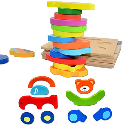 Kulariworld Wooden Jigsaw Puzzles Toys for Toddlers Boys Girls 1 2 3 Years Old 6 Pieces Preschool Educational Toy Gift with Vibrant Color Animal Vehicle Shapes