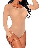 Womens Sexy Long Sleeve Sheer Mesh Corset Bodysuit Nude Medium