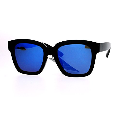 Classic Black Square Sunglasses Blue Mirror Lens Stylish Chic Frame