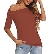 YYA One Off Shoulder Tops for Women Half Sleeve Shirts Slim Fit Casual Stretchy Blouse S-XXL