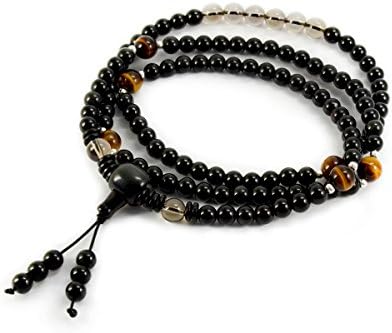COLORFEY Mens Tibetan Healing Energy Genuine Gemstone Tiger Eye Lapis Lazuli Beads Black Buddha Bracelet (108 Buddhist Prayer Bracelet)