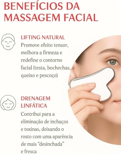 Pedra Gua Sha Inox Profissional – Massageador Facial e Corporal Anatômico, Drenagem Linfática e Lifting Natural, Aço Inoxidável Médico, Reutilizável e Higiênico (Inclui Bolsinha Protetora)