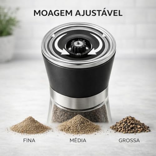 Kit 2 Moedores de Sal e Pimenta Vidro e Plástico Ajuste de Moagem Design Transparente para Temperos