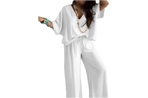 TAKEBERNY Women’s Casual Loose Solid Color Suit, Two Piece Sets For Women, V-Neck Womens Lounge Set, Pant Sets For Women