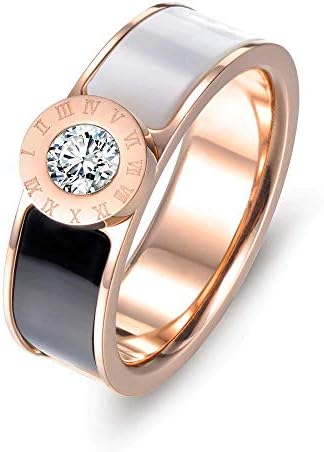 Designer Inspired Rose Gold Titanium Roman Numerals Love Ring with Enamel and Austrian Crystals