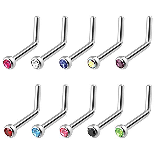 BodyJ4You 10PCS 20G Nose Ring L-Shape Stud Crystals Surgical Steel Nostril Body Bar Piercing Jewelry