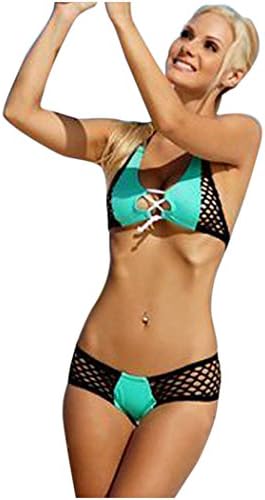 Yonas Women's Black Blue Fishnet Accent Swimwear Sexy Halter Bikini(SIZE M)