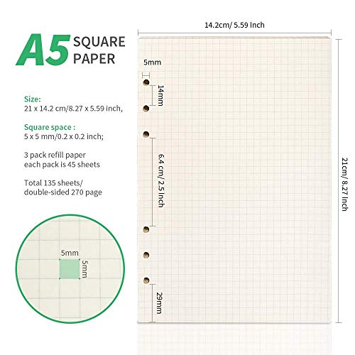 A5 Refill Paper Refillable Paper Squared Filler Paper Loose Leaf Paper 6-Holes Inserts 135 Sheets 270 Pages