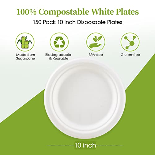 ECOLipak Compostable 10 Inch Heavy Duty Paper Plates, 150 Pack Disposable Biodegradable Eco-friendly Sugarcane Bagasse Plates for Dinner Party(White)