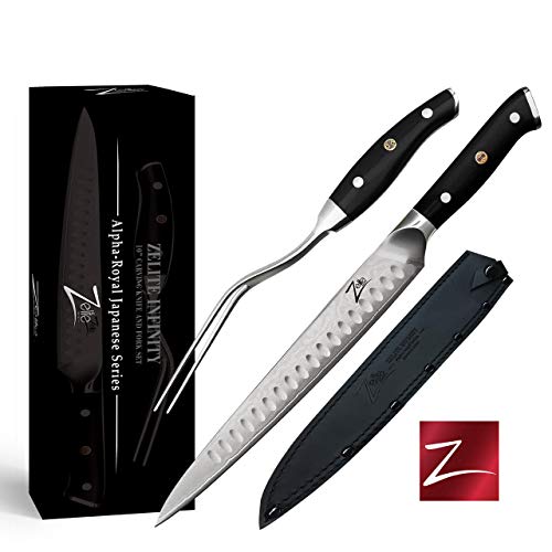 Meat Carving Knife and Fork Set (10 Inch) by Zelite Infinity - Alpha-Royal Japanese Series - Japanese AUS10 Super Steel 67-Layer Damascus - For Professional Chefs and Home Cooks