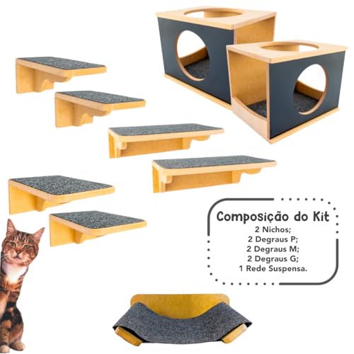 Playground Para Gatos 9Pçs Premium Resistente Já Montado Com Kit Fixação e Rede (PRETO) (Preto)