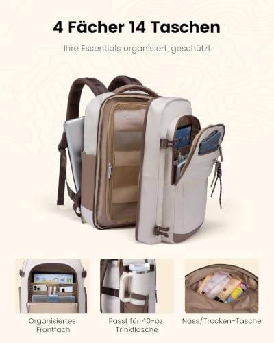 LOVEVOOK Travel Backpack Hand Luggage Aeroplane 40L Large Backpack Women's 45 x 36 x 20 cm, B-beige brown, Casual | travel backpack for 15.6 inch laptop, carry on suitcase backpack backpack for travel weekender work business trip business