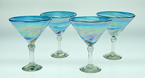 Mexican Glass Martini Blue White Swirl 15 Oz (4)