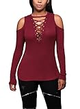 FARYSAYS Women's Casual Cut-out Shoulder Blouse Lace-Up Ribbed Tops T-shirt