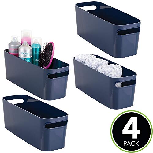 mDesign Bathroom Vanity Plastic Organizer Storage Bin Tote with Handles for Health and Beauty Products, Shampoo Bottles, Lotions, Hand Towels, 4 Pack - Navy Blue