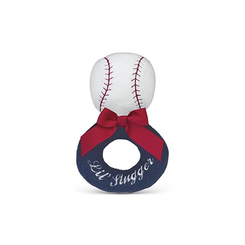 Bearington Baby Collection Lil’ Slugger Rattle: 5.5” Plush Baseball Rattle and Ring Shaker Toy, in Colors of Red, White…