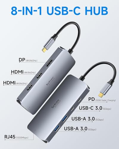 Selore USB C Docking Station Dual Monitor, 8-in-1 USB C Hub Multiport Adapter Docking Station 3 Monitors with 100W PD, HDMI 4K@60Hz, DisplayPort, 1 Gbps Ethernet, USB 3.0 Ports for Mac Dell HP Lenovo