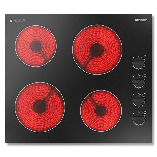 Karinear 4 Burner Glass Ceramic Hob, 6000W Electric Hob 60 cm with Knob, Black Electronic Hobs, Automatic Shut-Off, Crystal Glass