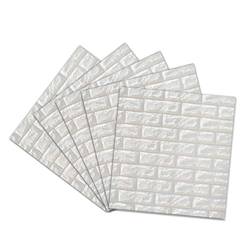 5-Pack 3D Wall Panels Wall Stickers, (30.3x27.6 inch) Waterproof XPE Foam 3D Brick Easy Self-Adhesive for Interior Wall Decoration Brick Design Soft Panels (White)