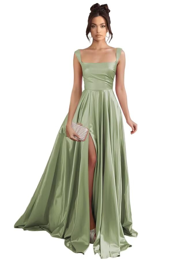 Photo 1 of (USED/FAIR) (SIZE UNKNOWN- NO TAG) Stylefun Sage Square Neck Pleated Bridesmaid Dresses 2025 for Women Satin A Line Long Ball Gown with Slit Bridesmaid Dresses with Pockets, size: 4