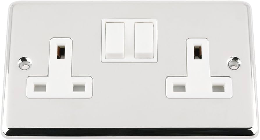 Light Switch 2 Gang - Polished Chrome - Classic - White Insert Plastic Switch - 10 Amp Double 2 Gang 2 Way
