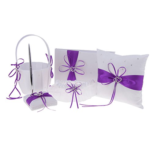 SunniMix Pieces of 5 Wedding Set Guest Book and Pen Stand Flower Girl Basket Ring Cushion Ring Holder Ring Bearer Garter Keepsake Memorial - Purple, as described