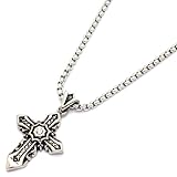 2 PIECE SET: Vintage 19-Inch Stainless Steel Rolo Chain Necklace With Rhinestone Inlaid Gothic Cross Pendant (LIFETIME WARRANTY)