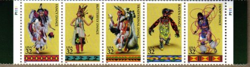 AMERICAN INDIAN DANCES ~ BUTTERFLY DANCE ~ FANCY DANCE ~ RAVEN DANCE ~ HOOP DANCE ~ TRADITIONAL DANCE #3076a Strip of 5 x 32 US Postage Stamps