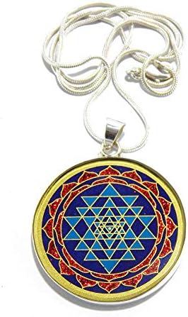 Sri Yantra with Gayatri Yantra Gemstone Painting Pendant, Made in Sterling Silver 92.5 Stamped Bezel Attached to Silver Plated Copper Chain. Pendant Size 42mm Approx